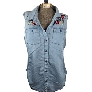 Cavalini Denim Vest Sleeveless Embroidered Floral Top Button Down Size L Western